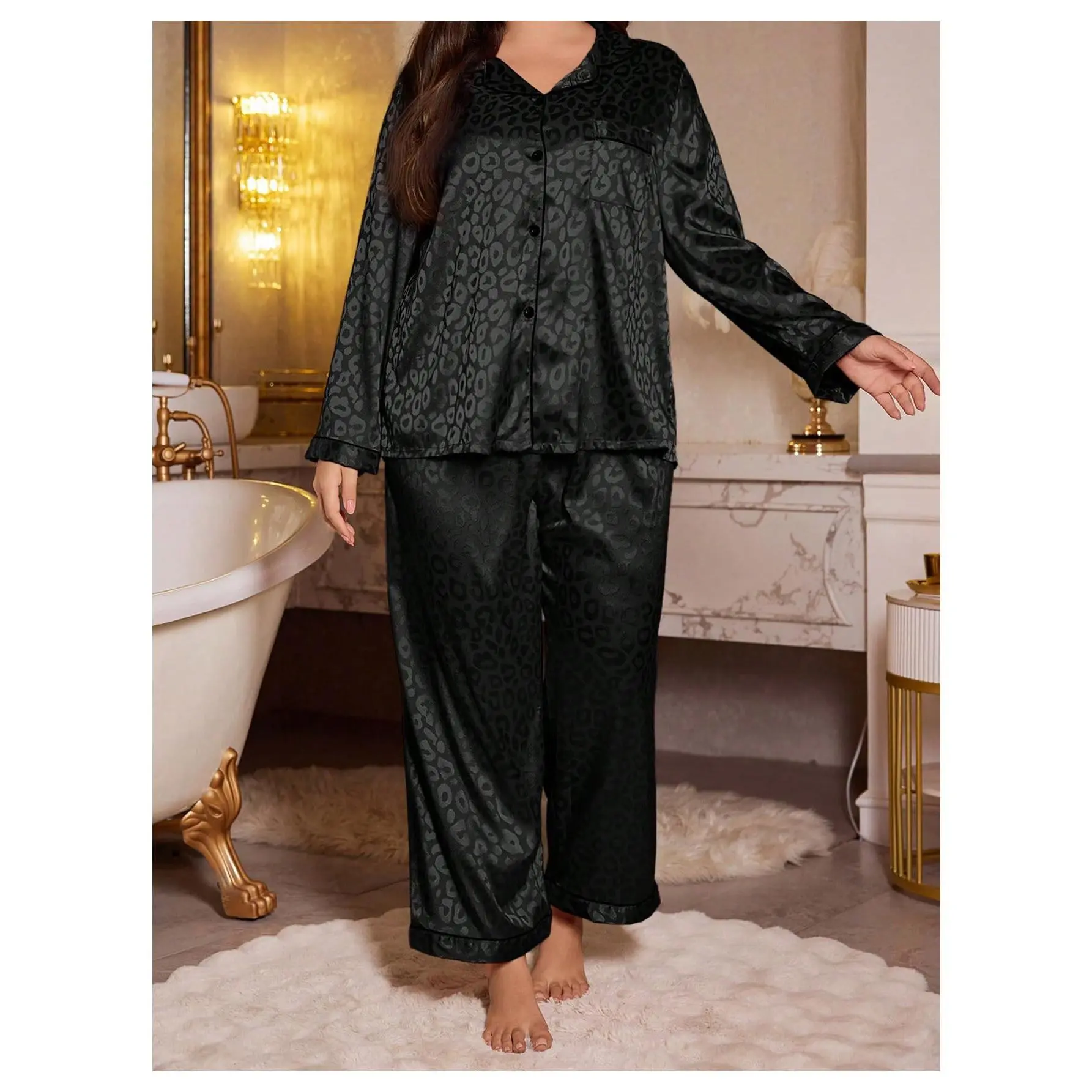 Leopard Plus Size Pajamas Set Satin Silk Long Sleeve Tops Long Pants Sleepwear