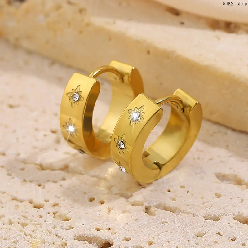 Gold‑Tone Star Rhinestone Huggie Hoop Earrings, Small Star Inlaid C‑Shape Hoop Earrings, Trendy Daily Jewelry for Women