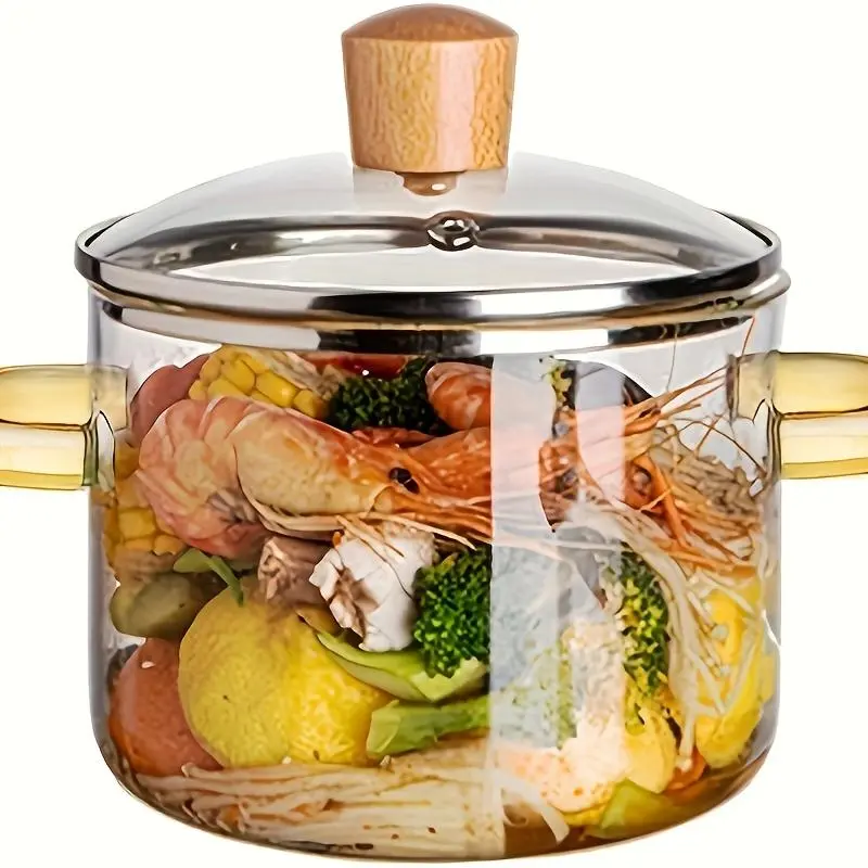 FAXHION 54 Oz Boric Acid Glass Stock Pot with Yellow Handle - Heat-Resistant Transparent Cookware Kitchen, Stove & Oven Safe, Easy-to-Clean, Odorless Home Essential for Soup Cooking, Noodles, Floral-Themed Kitchens