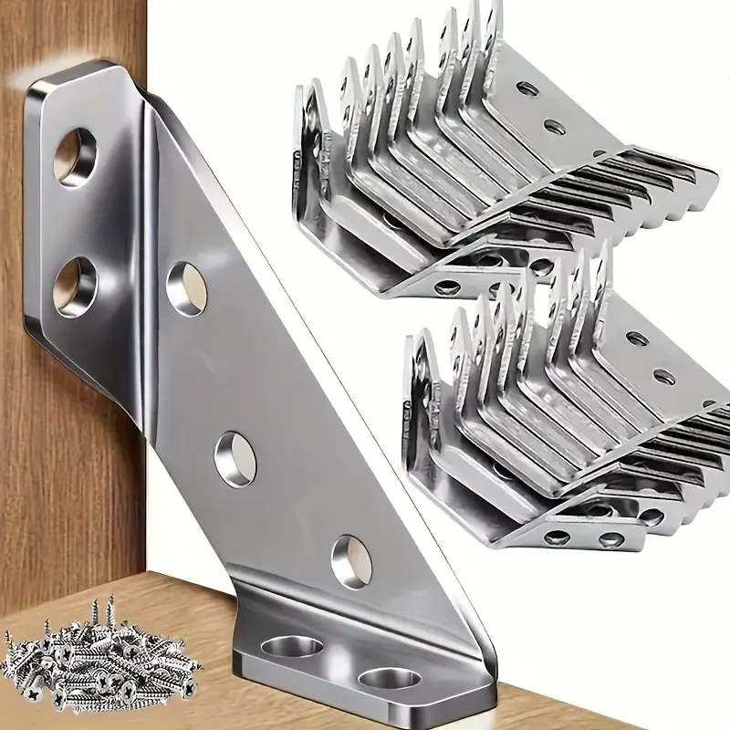 128Pcs Heavy Duty L-Shaped 90 Degree Stainless Steel Corner Brackets with Full Screws Kit, Universal Triangular Angle Support Braces for Shelves Tables Cabinets Drawers Wooden Furniture, 16 Brackets + 112 Self-Tapping Screws