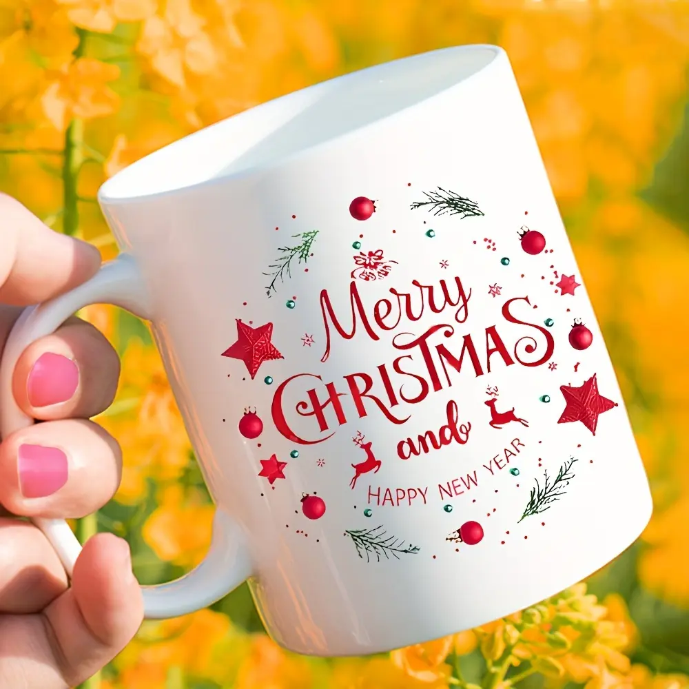 1pc, 11oz, Festive Merry Christmas & Happy New Year Ceramic Mug - White with Red & Green Holiday Design, Reusable, Dishwasher Safe | Perfect Gift for Coffee, Tea, or Juice, Christmas Mugs