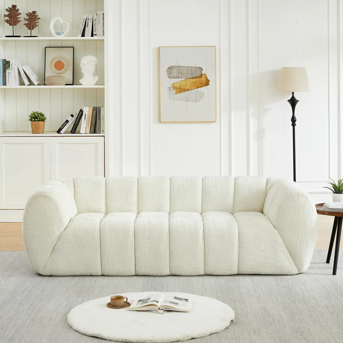 3-Seater Chenille Pure Foam Sofa - Modern Quilted Cloud Couch with Checkered Seat, Fixed Arms, Deep Seat, Comfortable Indoor Living Room Furniture for Contemporary Home Decor