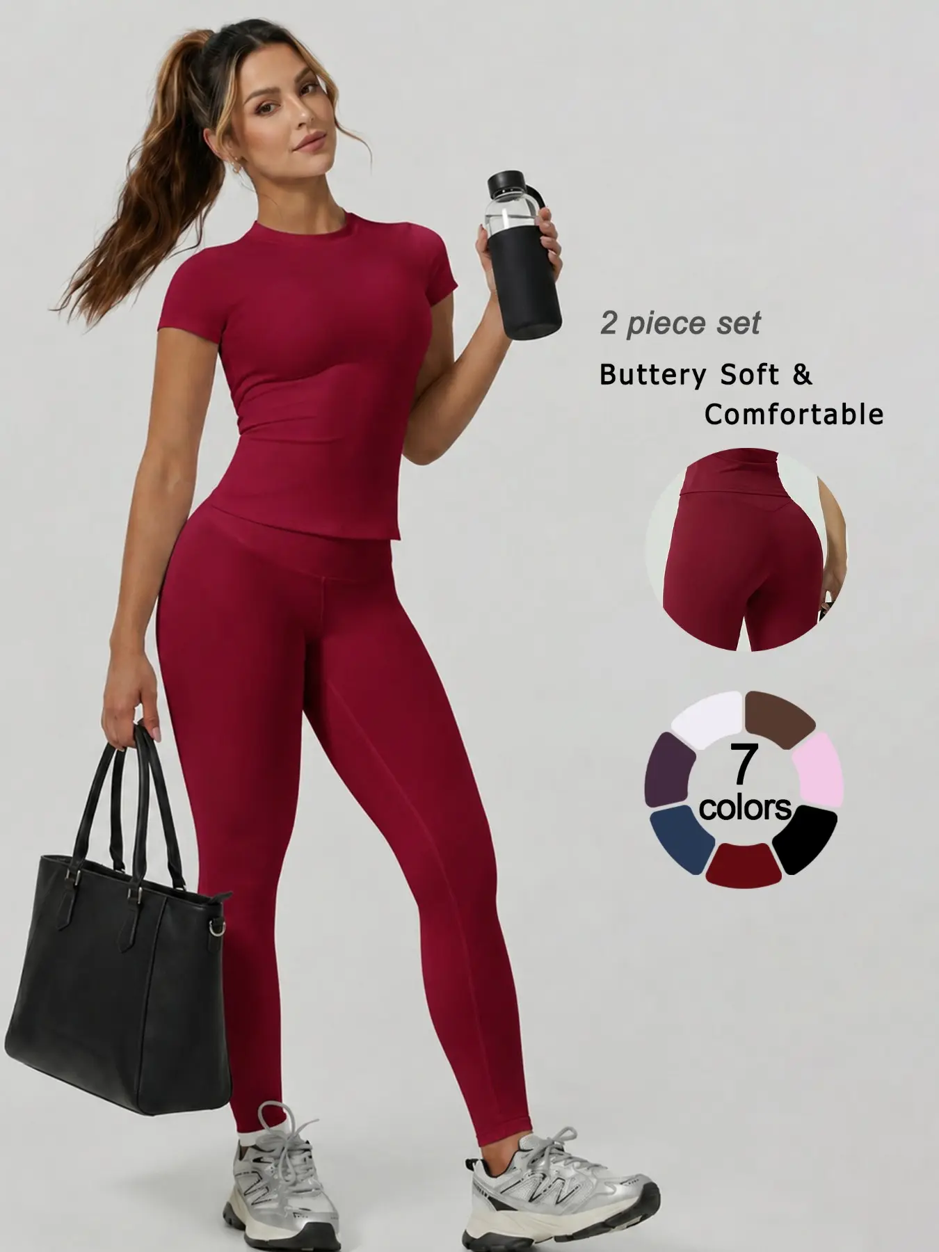 2 Piece Set, Activewear Set Women's Solid Color Crew Neck Slim Fit Breathable Short Sleeve Top and Pants Workout Set Comfortable High Stretch Tummy Control Butt Lifting Yoga Set for Outdoor Running Cycling Gym Pilates Training Fitness Outfit