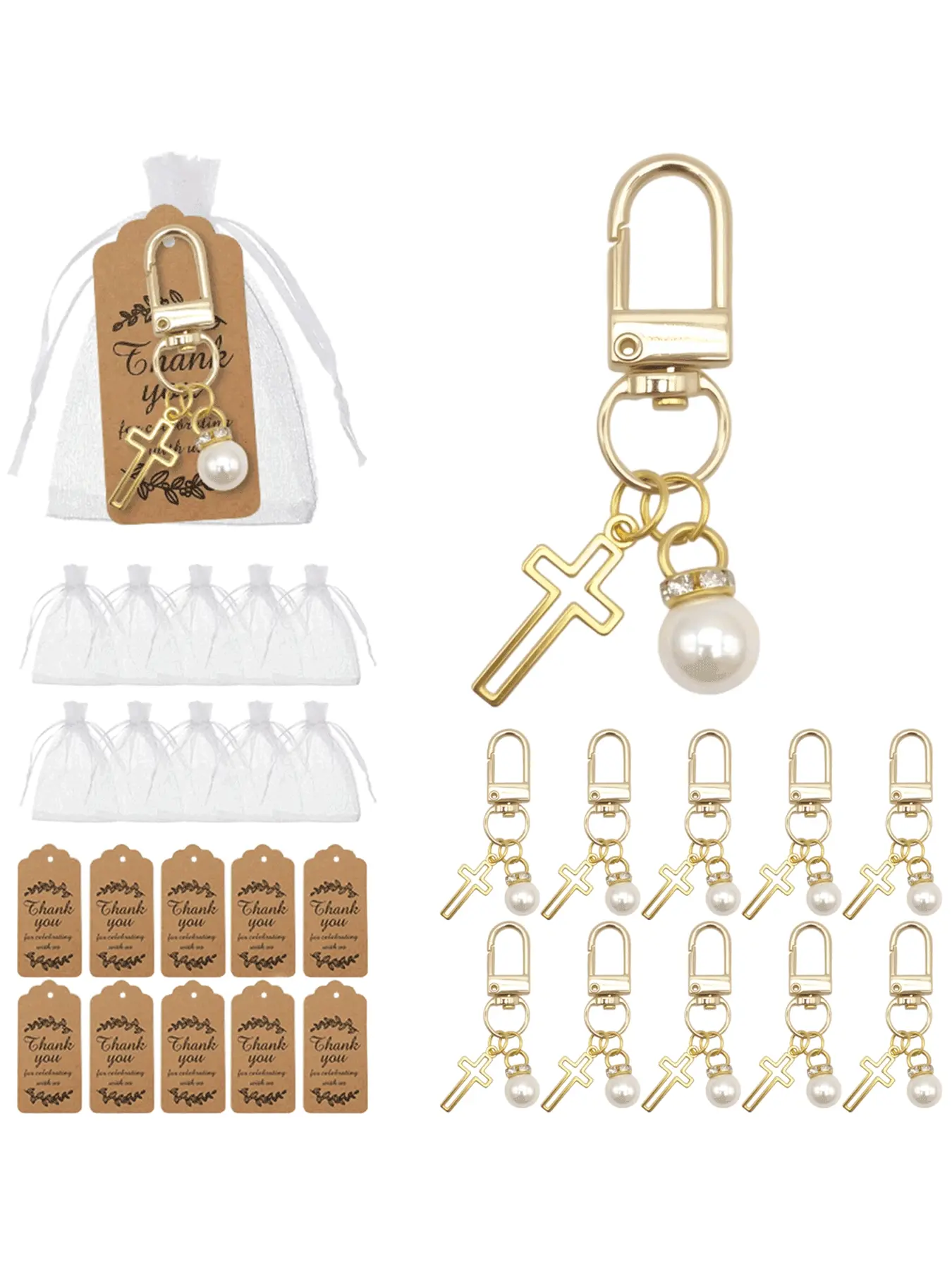 30pcs European Cross Metal Keychains, Women's Pearl Accessories, Party Birthday Anniversary Gifts, Unisex Key Chains, Key Rings