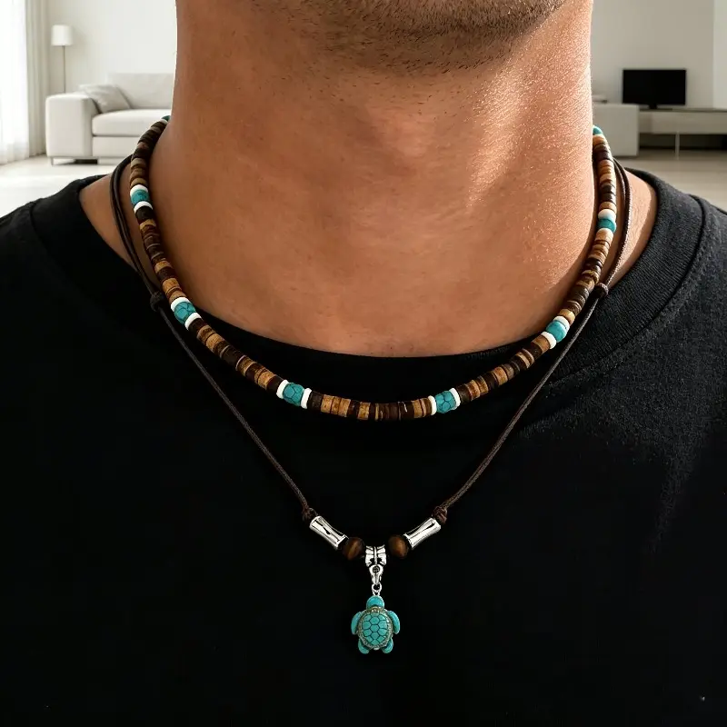 Unisex Casual 2-Pcs Beaded Necklaces - Boho Ocean Style, Coconut Shell & Turquoise Turtle Pendant, Adjustable Length, Fashion Jewelry Accessories for Daily Wear, Holiday Gifts