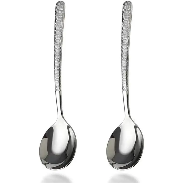 Stylish 2-Pack 8.2-Inch 18/10 Stainless Steel Korean Cutlery Soup Spoons - 2-Piece Set Tableware with Long Handles, Deep Bowls Scoop for Rice, Soup, Dishwasher Safe