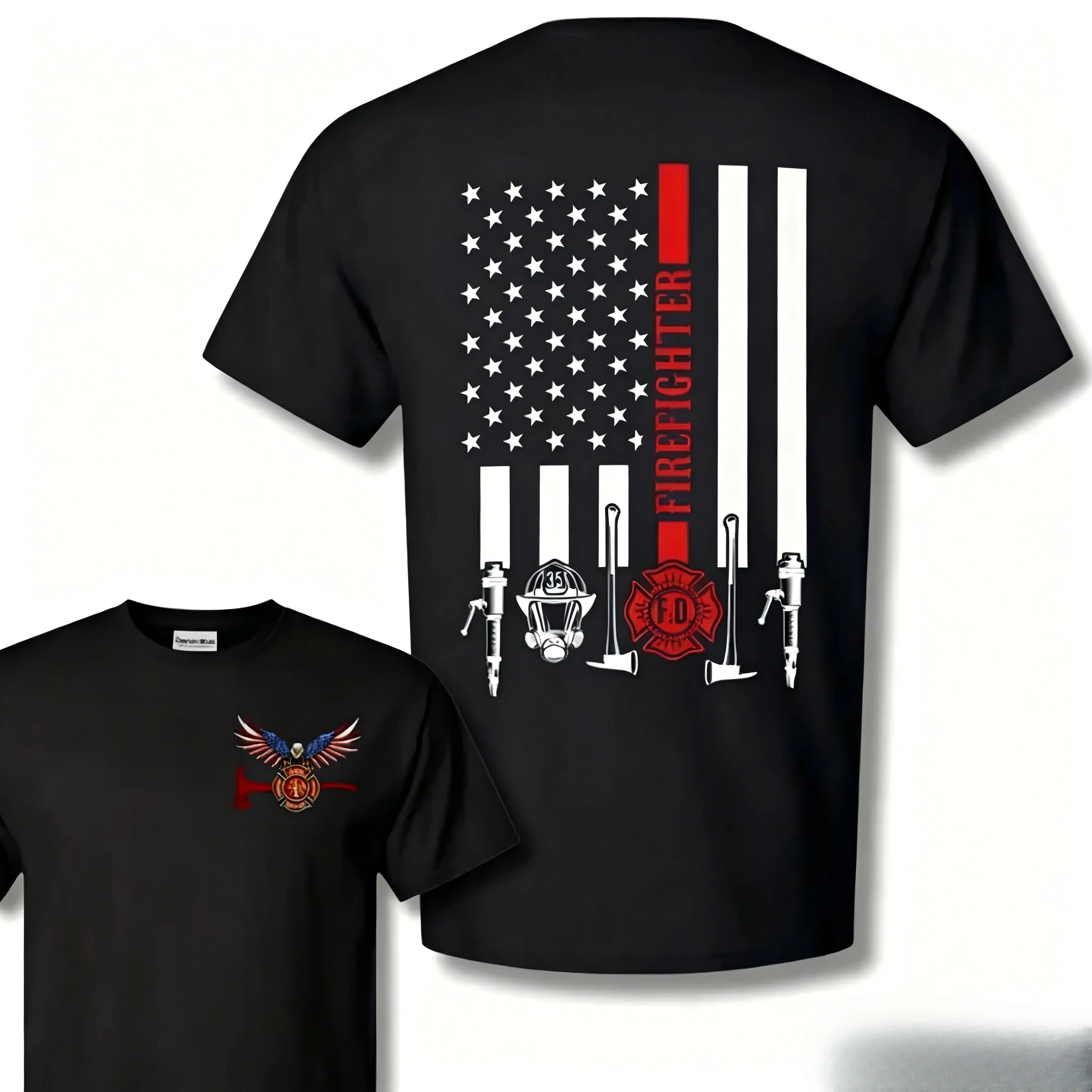 Unisex Shortsleeve Round Neck Regular Length T-Shirt - Thin Red Line American Flag Print, Fire Rescue Gear Graphic, Navy Outdoor Top for First Responders, Outdoor Wear