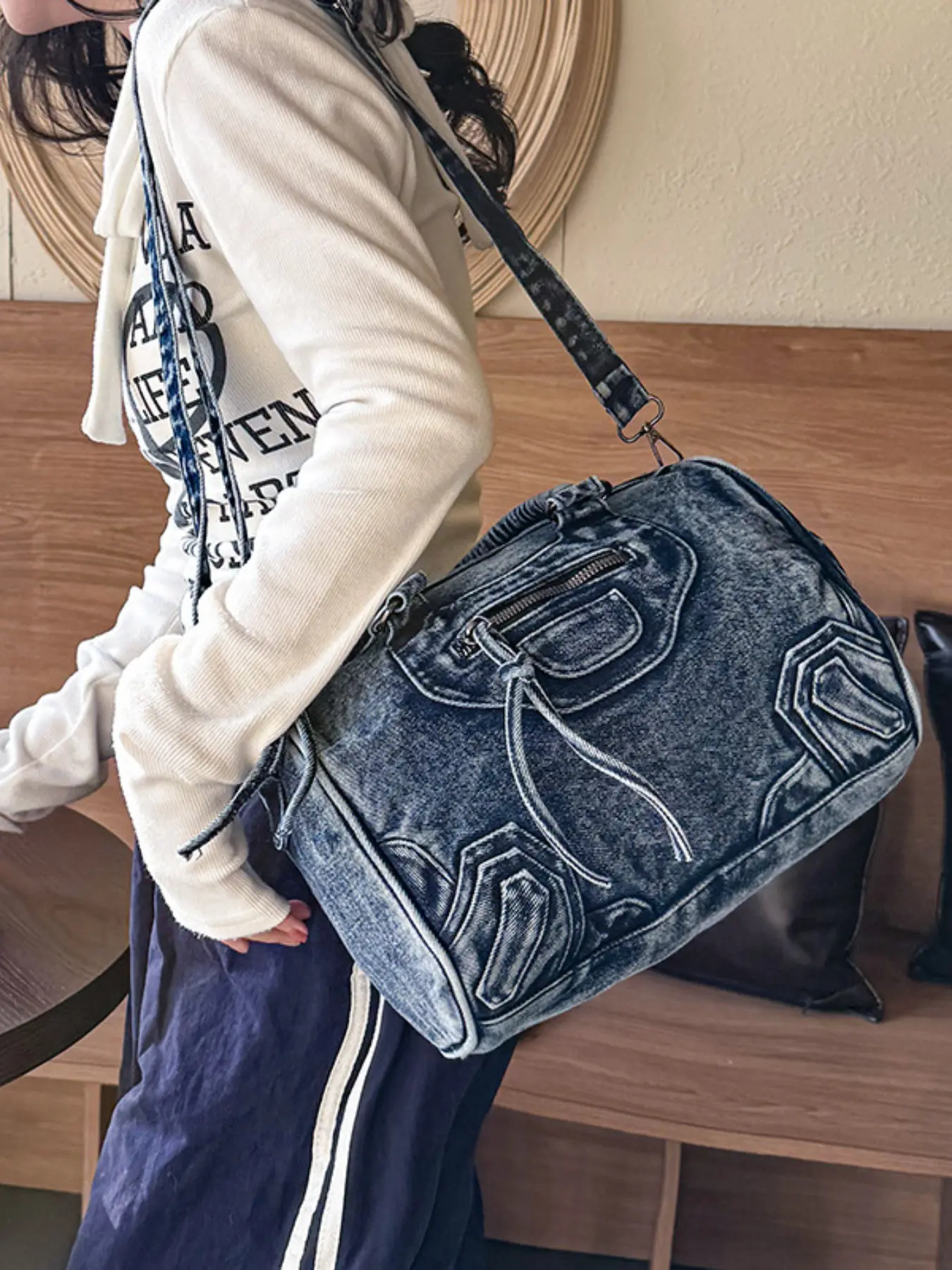 Women's Retro Washed Denim Handbag, Casual Street Style Shoulder Tote Bag, Denim Shoulder Bags, Ideal for Daily Shopping, Weekend Travel, All Seasons