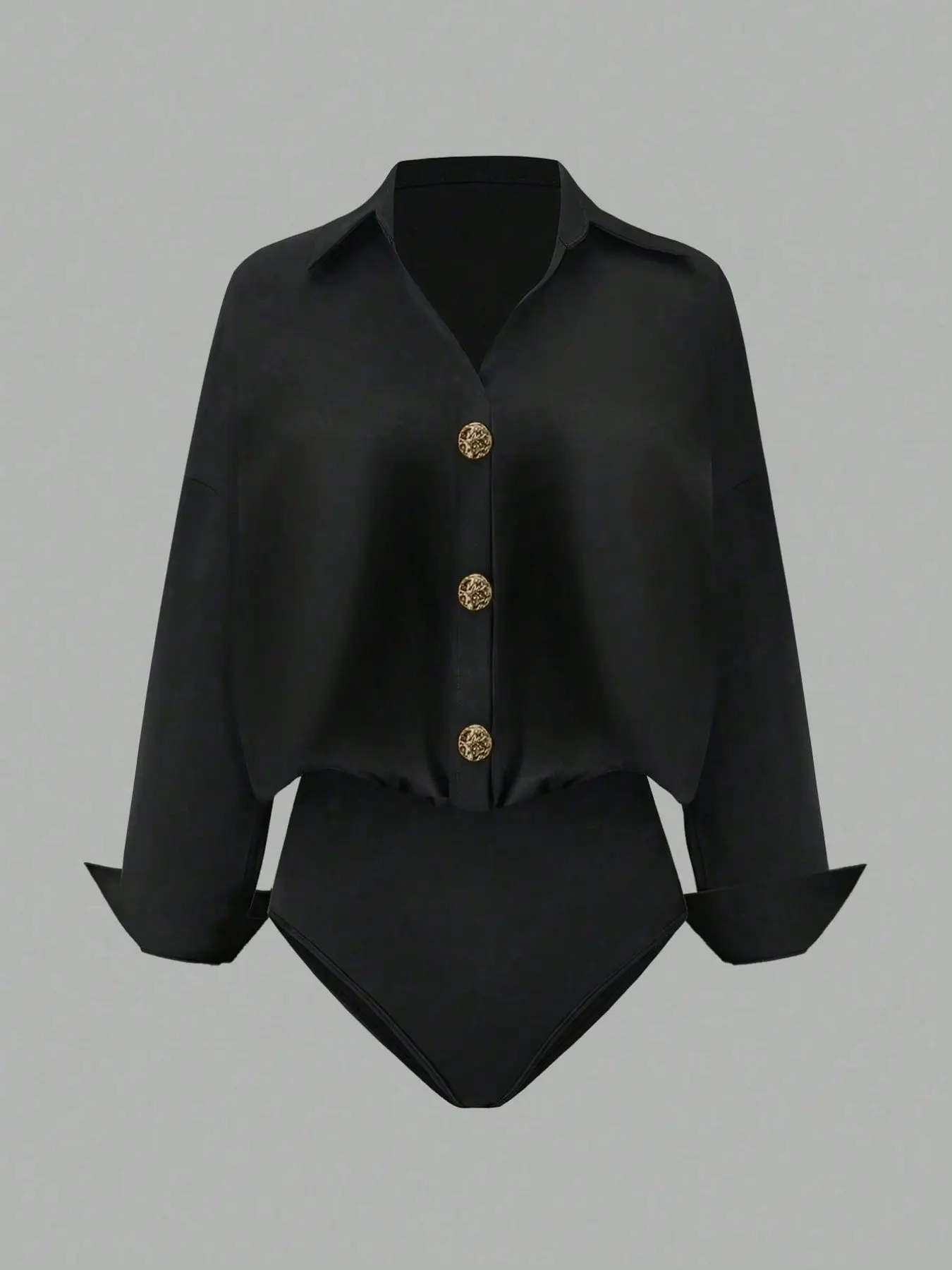 Women's Elegant Fashion Basic Bodysuit Shirt, Metal Button Drop Shoulder Long Sleeve Top, Collar V Neck Design, Spring Summer Office Casual Wear