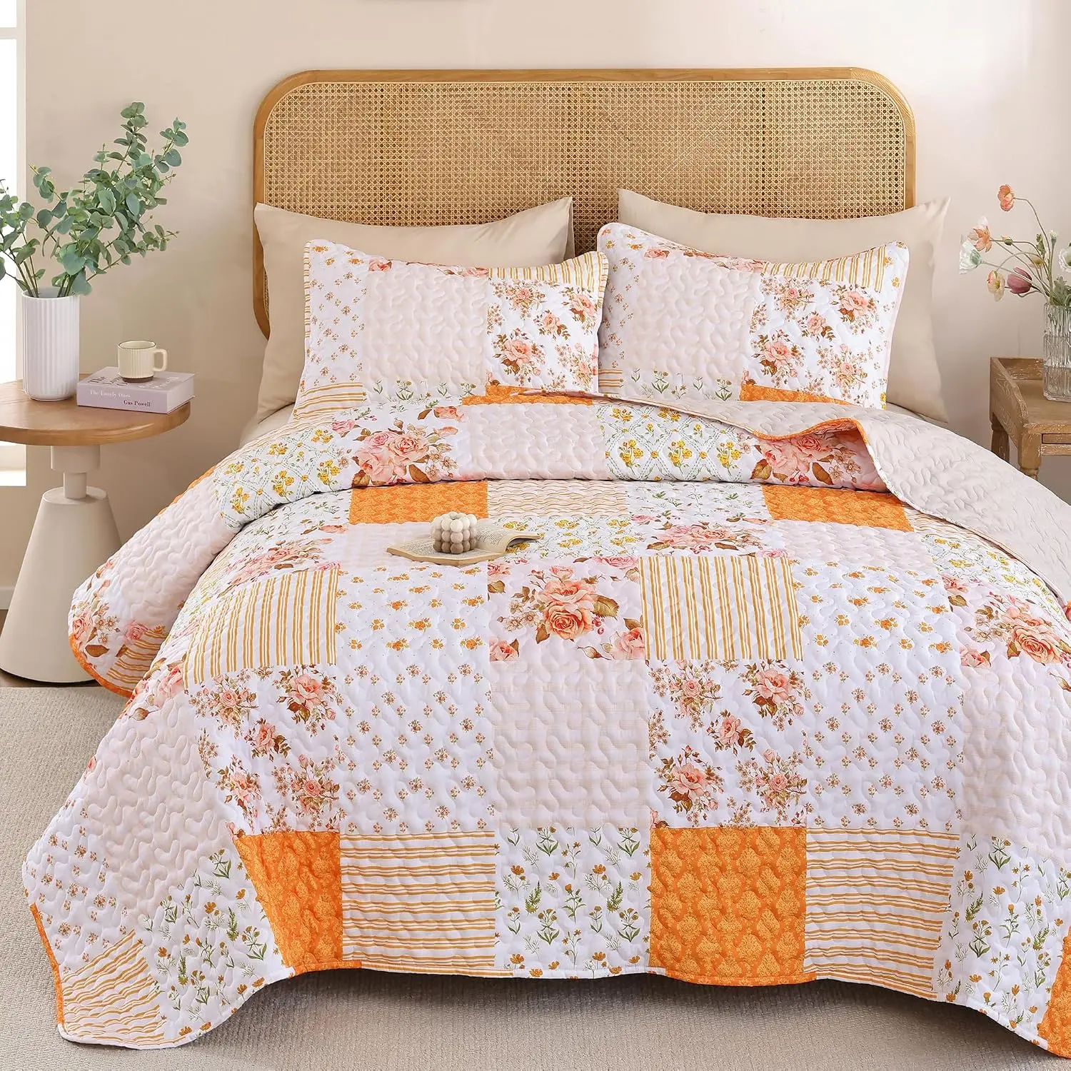 Modern Patchwork Floral Charm 2-Piece Orange Bedding Set - Ultra Soft Lightweight Quilt & 2 Pillowcases (66"x90" Quilt, 20"x26" Pillowcases) for Bedroom Decor, Guest Room Coverlet