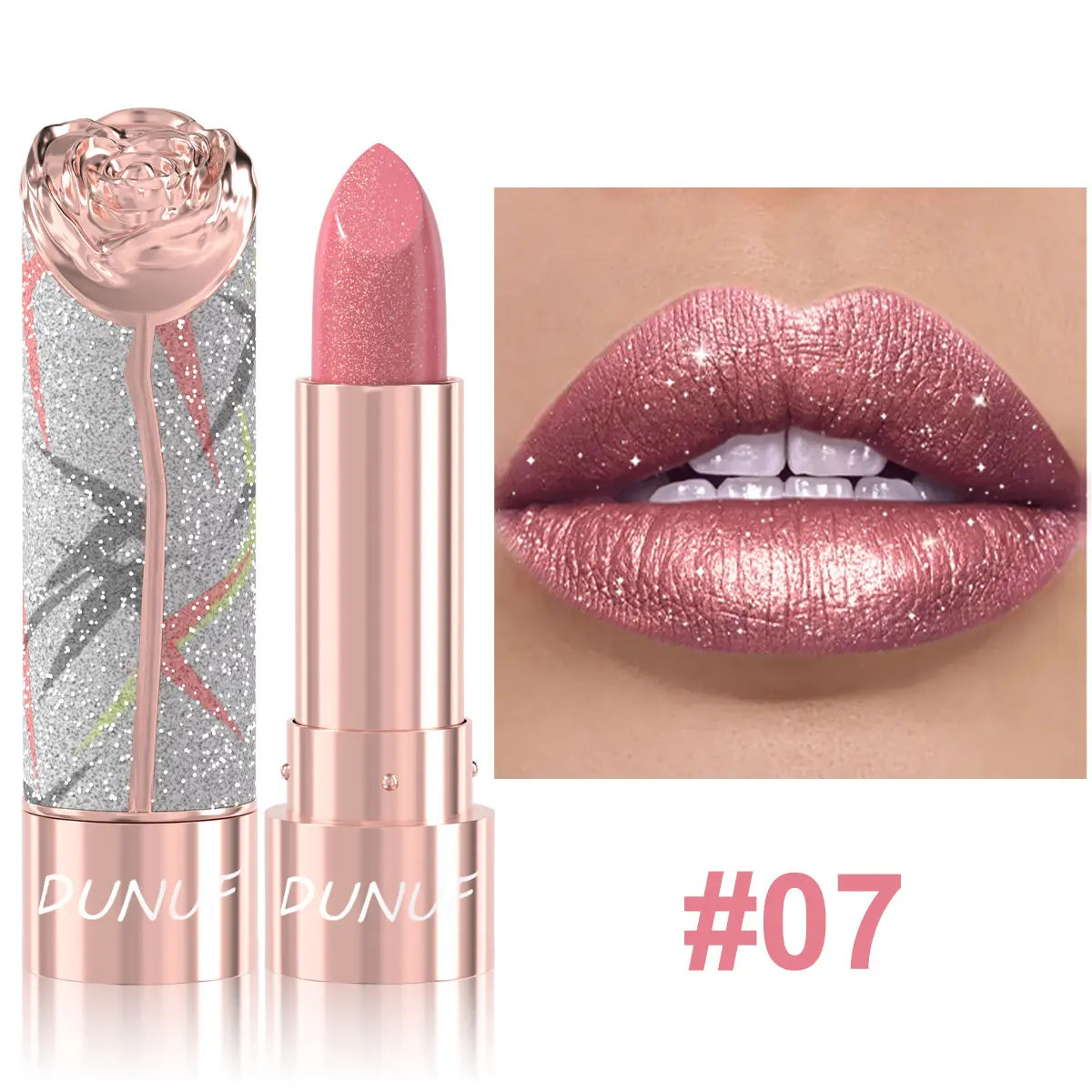 Metallic Shine Glitter Lipstick, Long Lasting Waterproof Sparkly Rose Tube Lip Gloss for Party Makeup, Shimmer Metallic Lip Cosmetic Lipgloss Lipstick