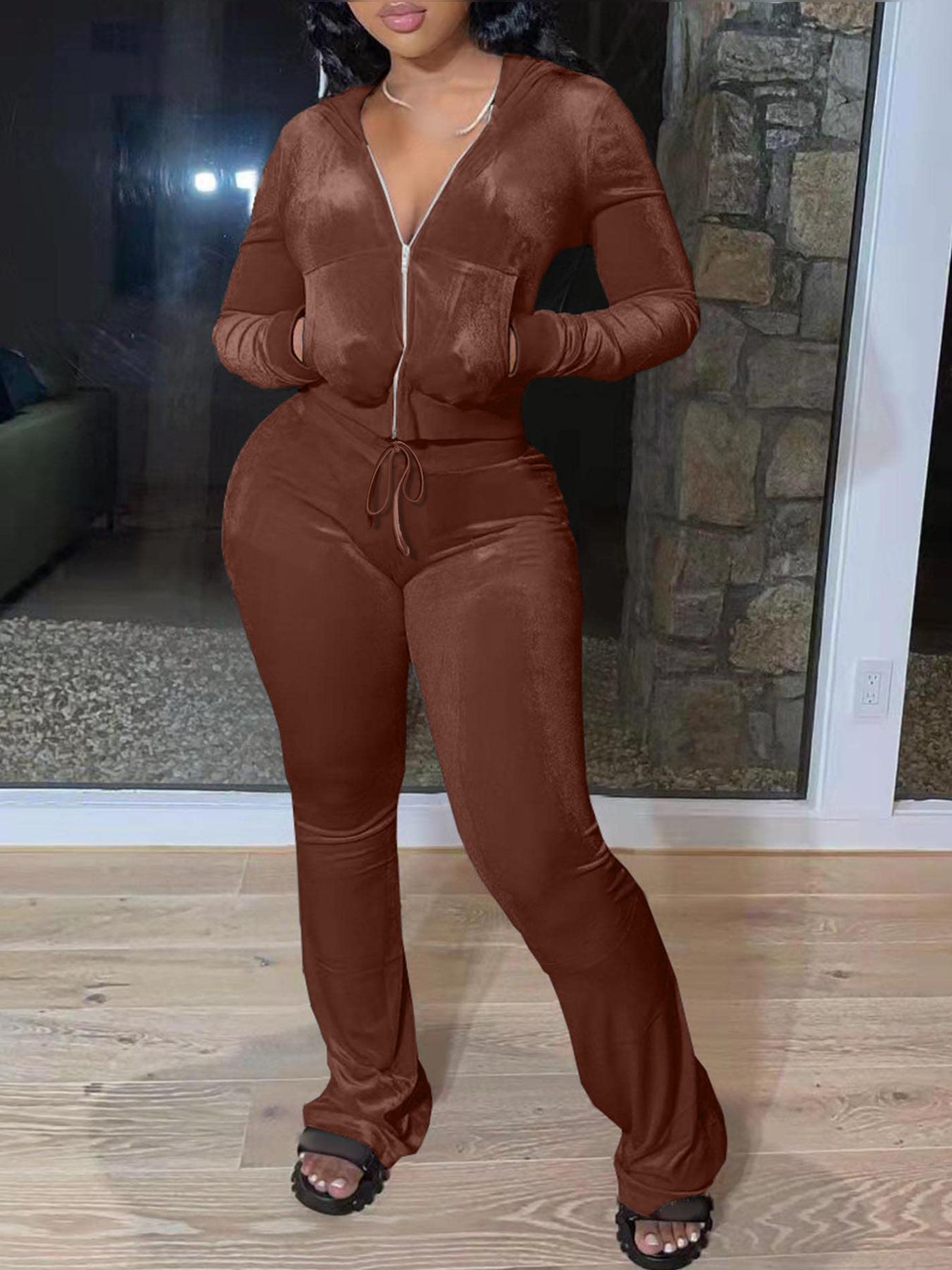 【Plus Size】 Two-piece Set Fitted Hooded Long Sleeves Jacket & Elastic Pants with Pockets Soft Velvet Set for Daily Casual Wear, Women's Two-piece Outfits for Fall & Winter