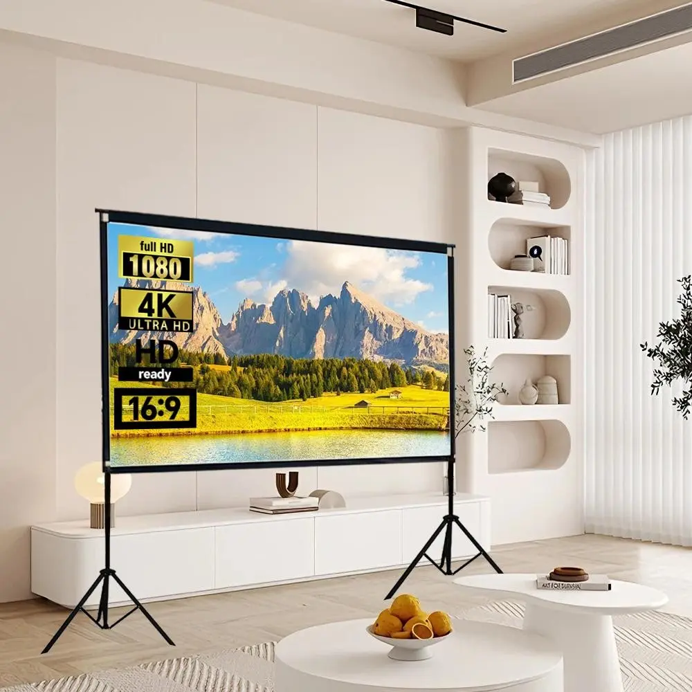 Portable Outdoor Projector Screen, Dual Stand Design, 16:9 Adjustable Border, 4K/HD Quick Setup, Foldable Screen for Yard Camping