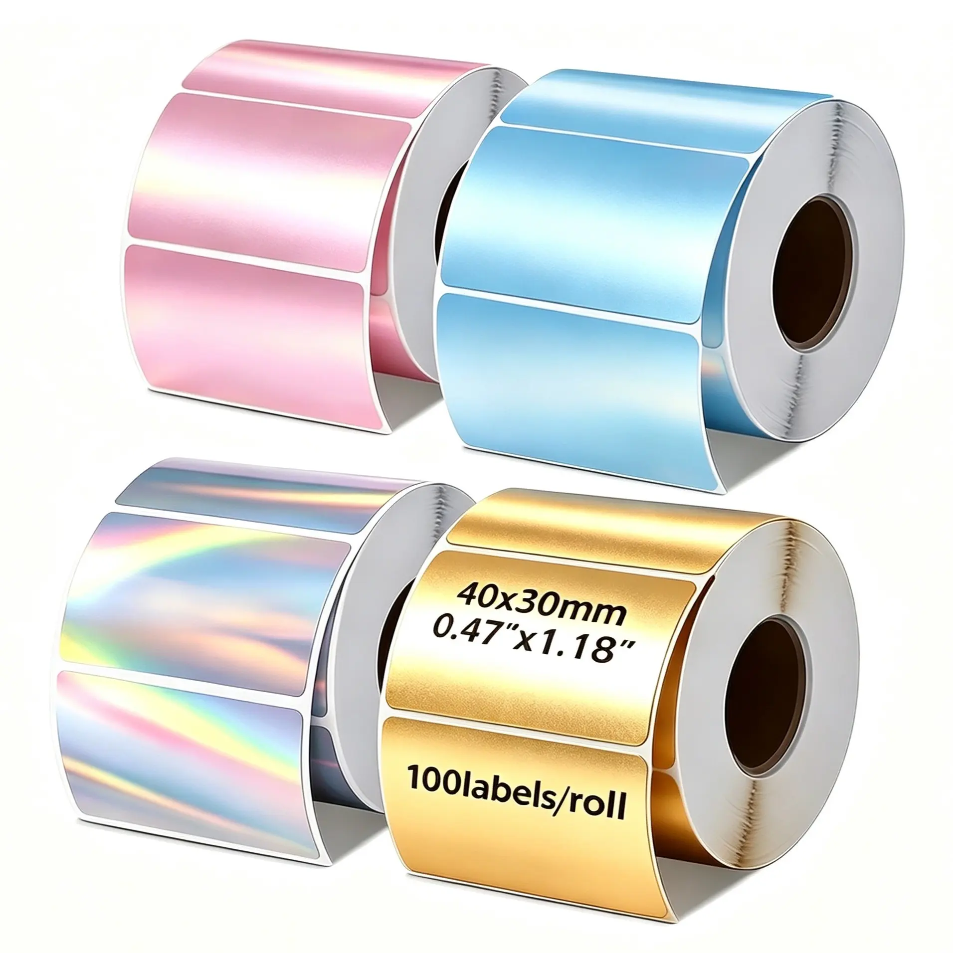 4 Rolls Holographic Laser Thermal Labels, Gold//silver/blue, 40x30mm-50x50mm, Sk20 Printer Compatible, Barcode Logo Gift Tags