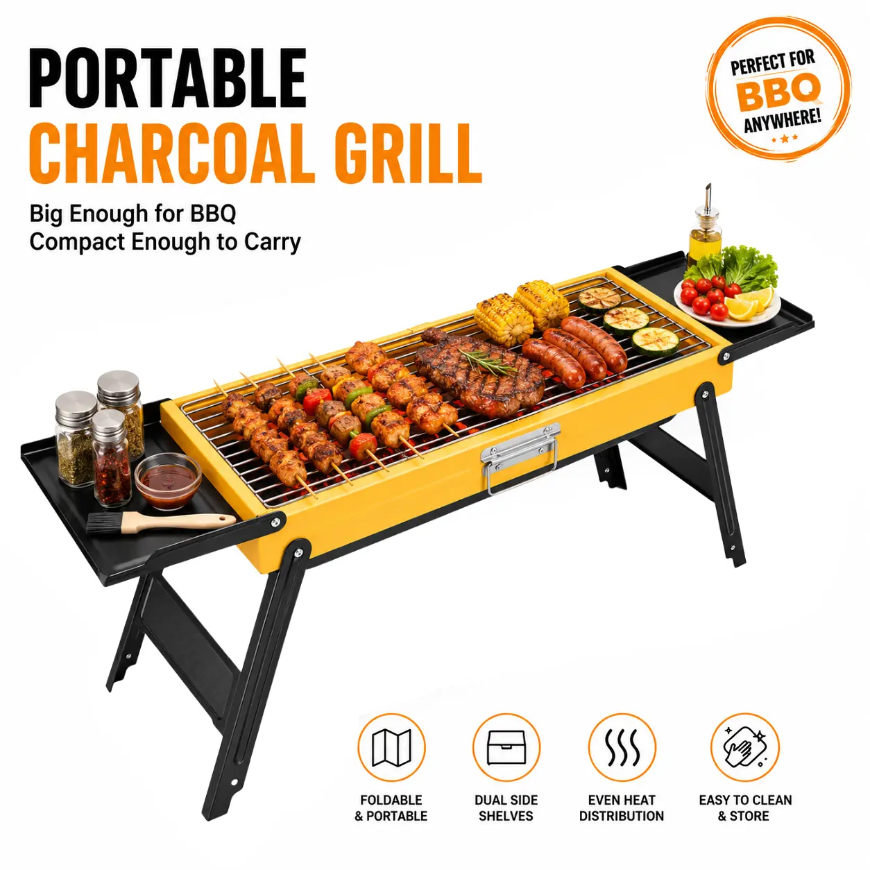 Sturdy Classic Portable Stainless Steel Metal Folding Charcoal BBQ Grill, Compact Tabletop Barbecue with Handy Carry Handle, Detachable Side Panels for Picnic, Backyard-5651, Foldable