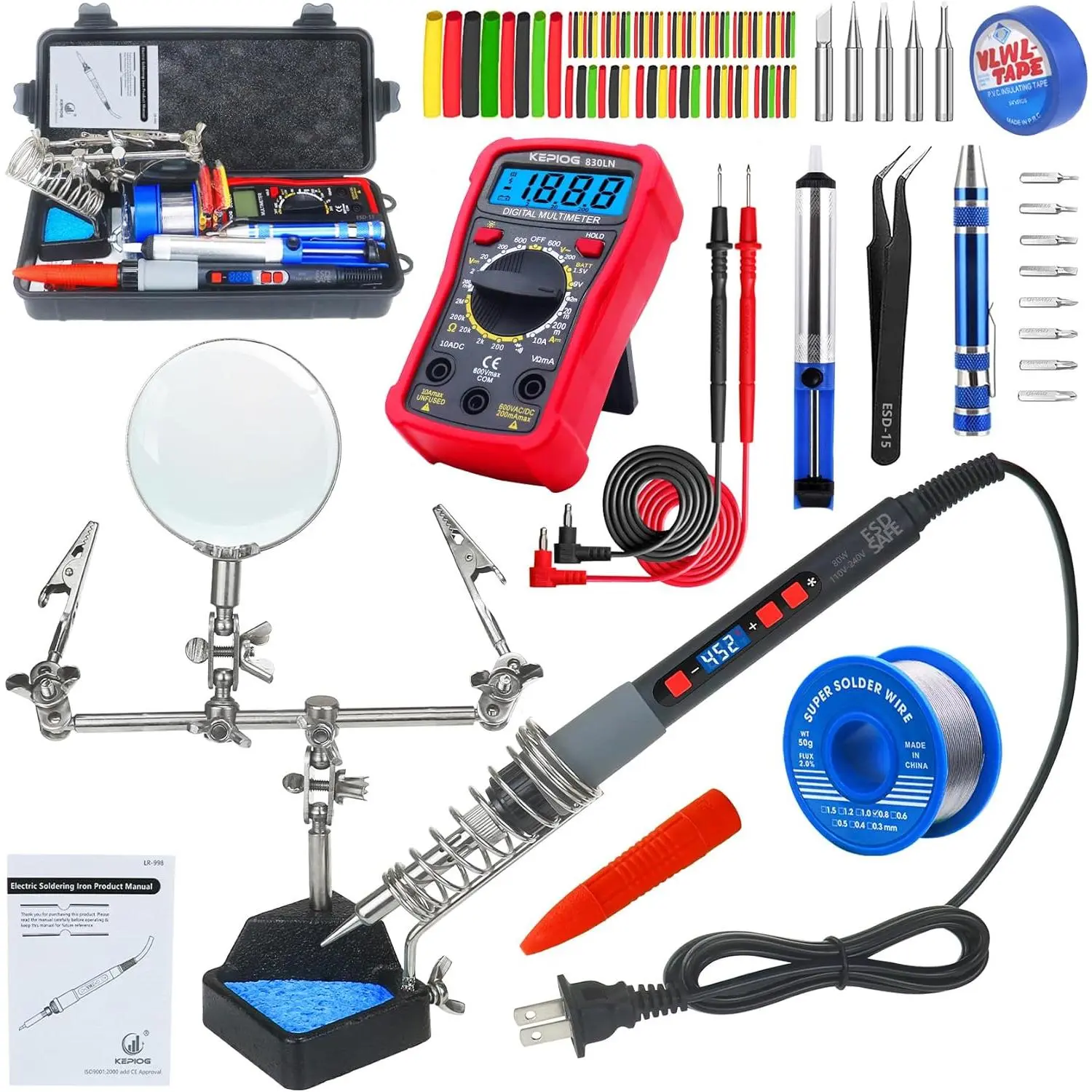 Soldering Iron Kit, 80W Electric Solder iron, Temperature (180°C- 500°C, With Multimeter, Magnifier Helping Hand, Heat shrink tubing, Solder Wire, Desoldering pump.