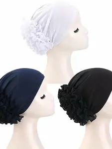3pcs Chiffon Ruffled Headwrap Cap Set, Lightweight Breathable Stretchy Headscarf for Women, Versatile Headwear for School/festival/daily Use