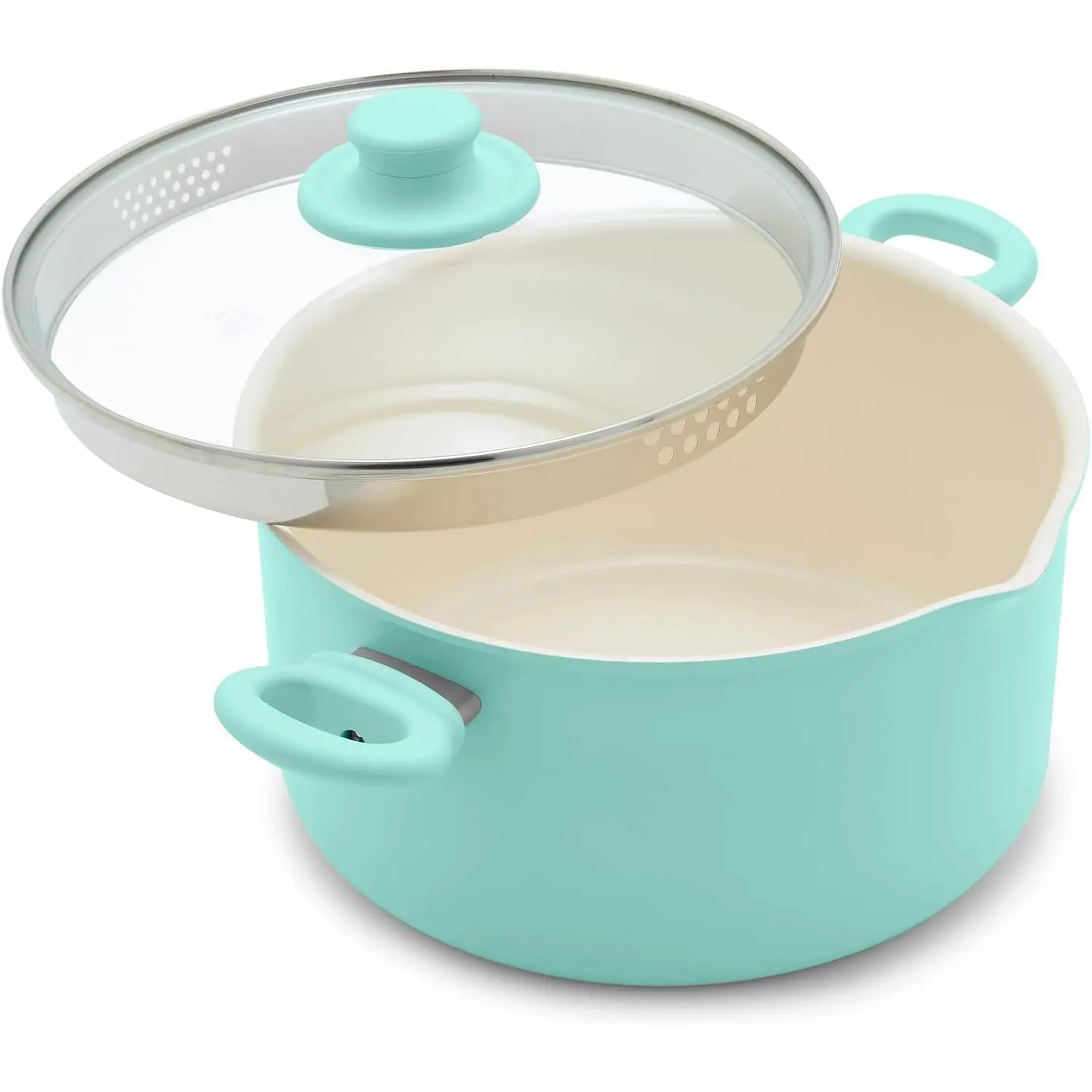 GreenLife 6QT Turquoise Nonstick Ceramic Stockpot - PFAS-Free Home Kitchen Pot with Straining Lid, Soft Grip Stay-Cool Wobble-Free Handles, Pour Spout, Dishwasher & Oven Safe for Sauces, Soups