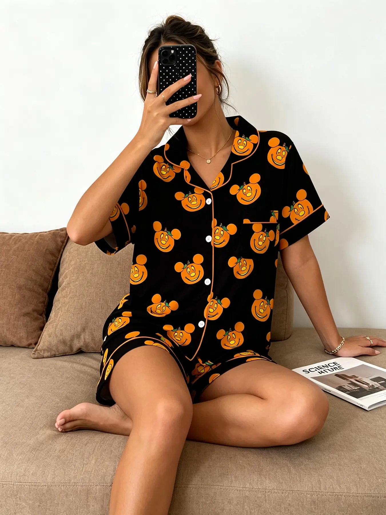 Halloween Pumpkin Cartoon Print Women's Pajama Set, Base Trim Short Sleeve Shorts Open Front, Fun Ghost Face Pattern Two-Piece Sleepwear Loungewear