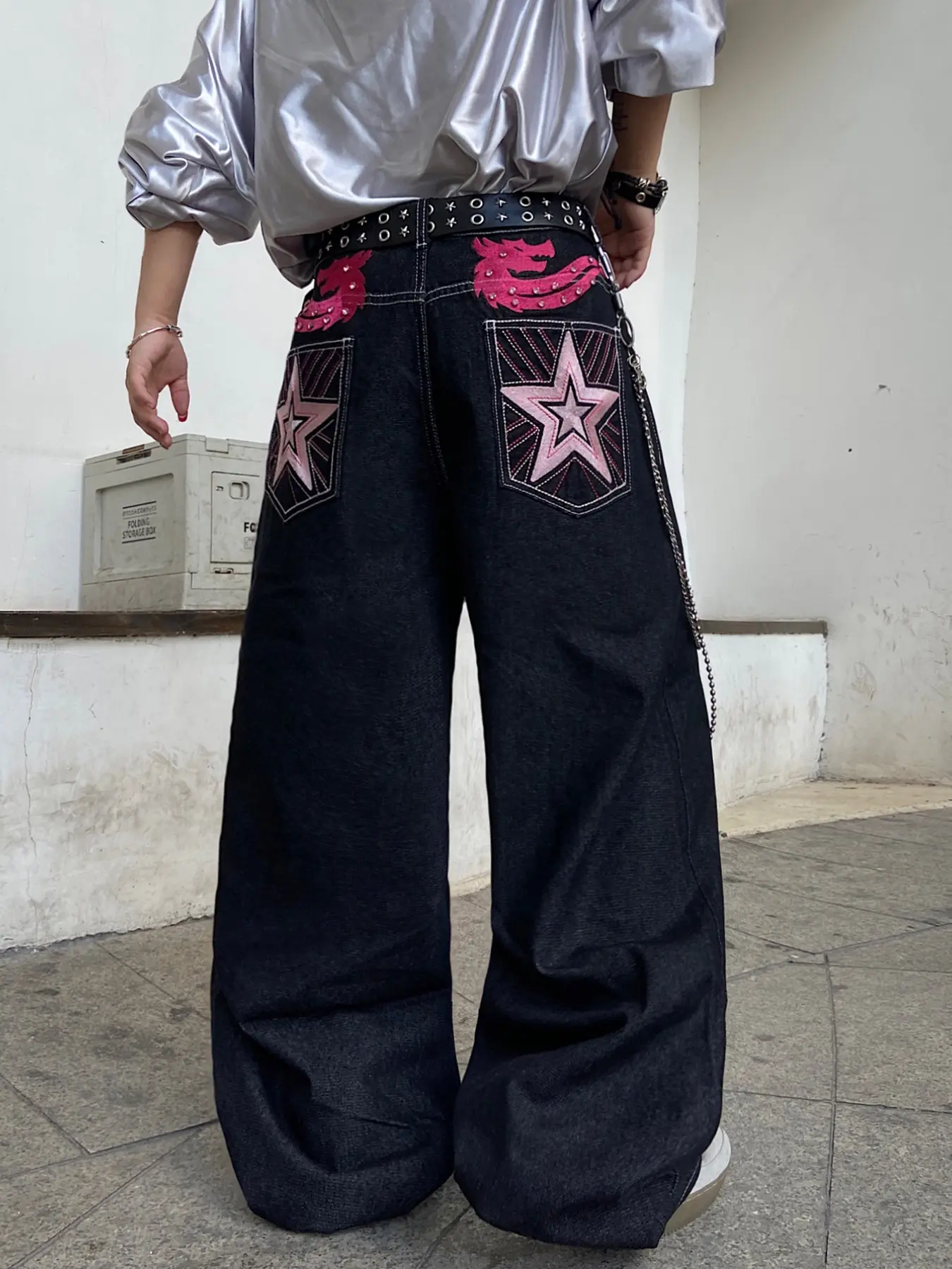 Men's Denim Jeans, Back Star Embroidery Rhinestone Straight Leg Wide Leg Pants, Y2K Street Hip Hop Fashion Baggy Loose Long Pants, All Seasons