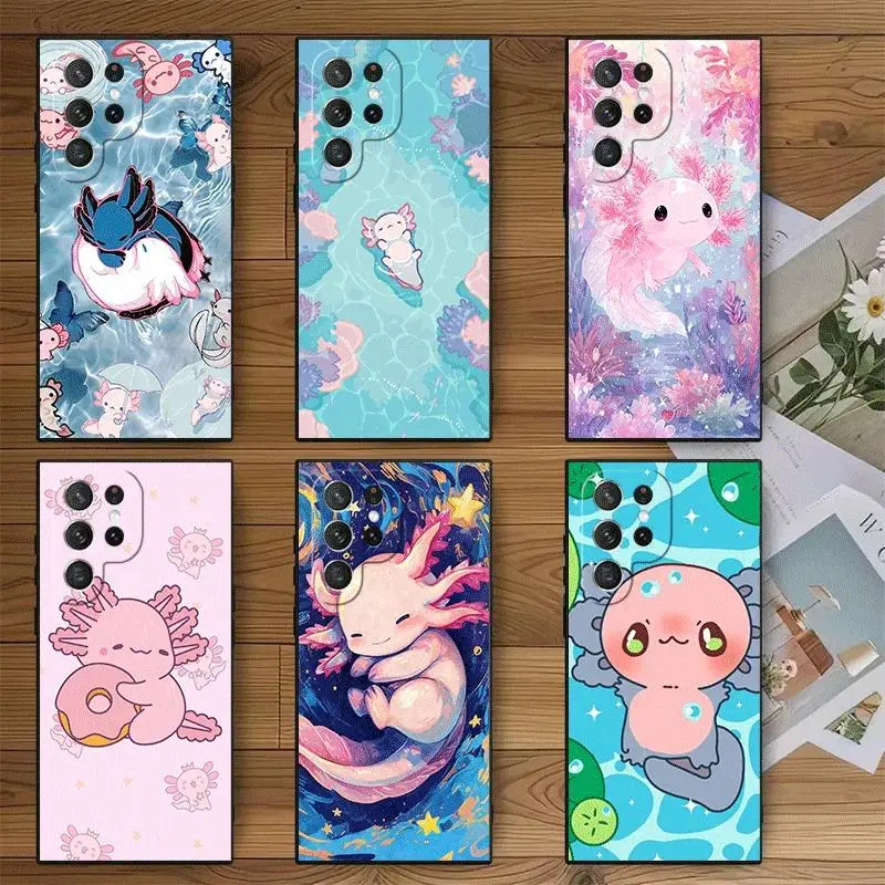 Cute Cartoon Axolotl Soft Shell Smartphone Case - Back Panel Protection Accessory for iPhone 11-17 Pro Max/Plus & Samsung Galaxy S23-S25 Devices (Black)