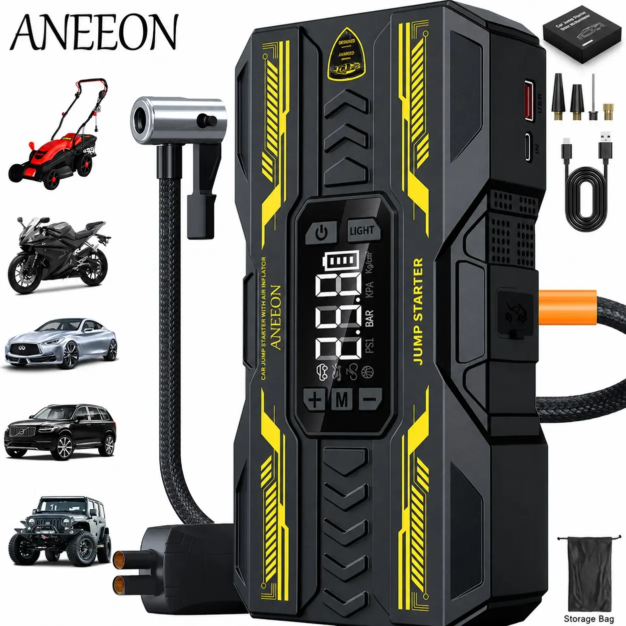 Portable Battery Repair Kit Automotive Car Essentials with 150psi Tire Inflation, Car Battery Jump Starter, USB Fast Charging, LED Light, Compass, 8000mah Battery, Emergency Rescue Tool Aid ANEEON