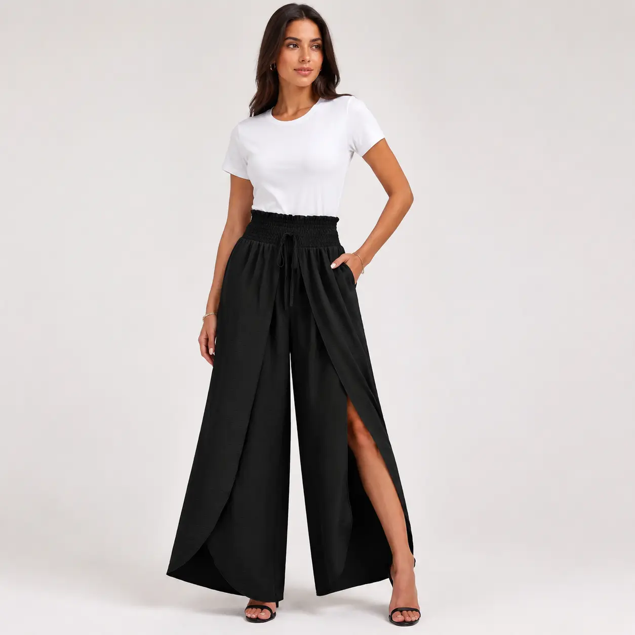 Women’s Polyester Solid High-Waisted Shirred Waist Loose Wide Leg Paperbag Drawstring Wrap Overlay Full-Length Palazzo Trousers, Flowy Casual Sports Bottoms for Vacation, Beach