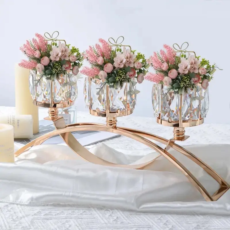 Elegant Metal Candle Holder Set, Three-Arm Crystal Bowl Tea Light Candle Holder, Romantic Table Centerpiece, Wedding & Home Decor, Polished Surface