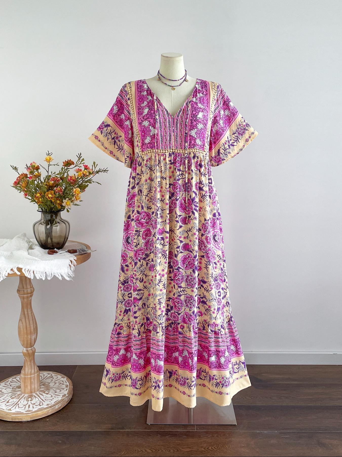 Plus Size Patchwork Floral Print Tie Neck Contrast Lace Ruffle Hem Long Dress, Boho Butterfly Sleeve Smock Dress, Ladies Summer Clothes for Vacation