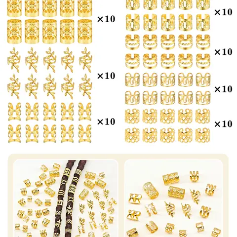 70pcs Hair Jewelry Set, Hair Cuffs & Rings, Multi-Style, Geometric Patterns Hair Accessory, Hair Ornaments, Adjustable Hair Beads for Braids, Locs and Dreads, Braid Accessories