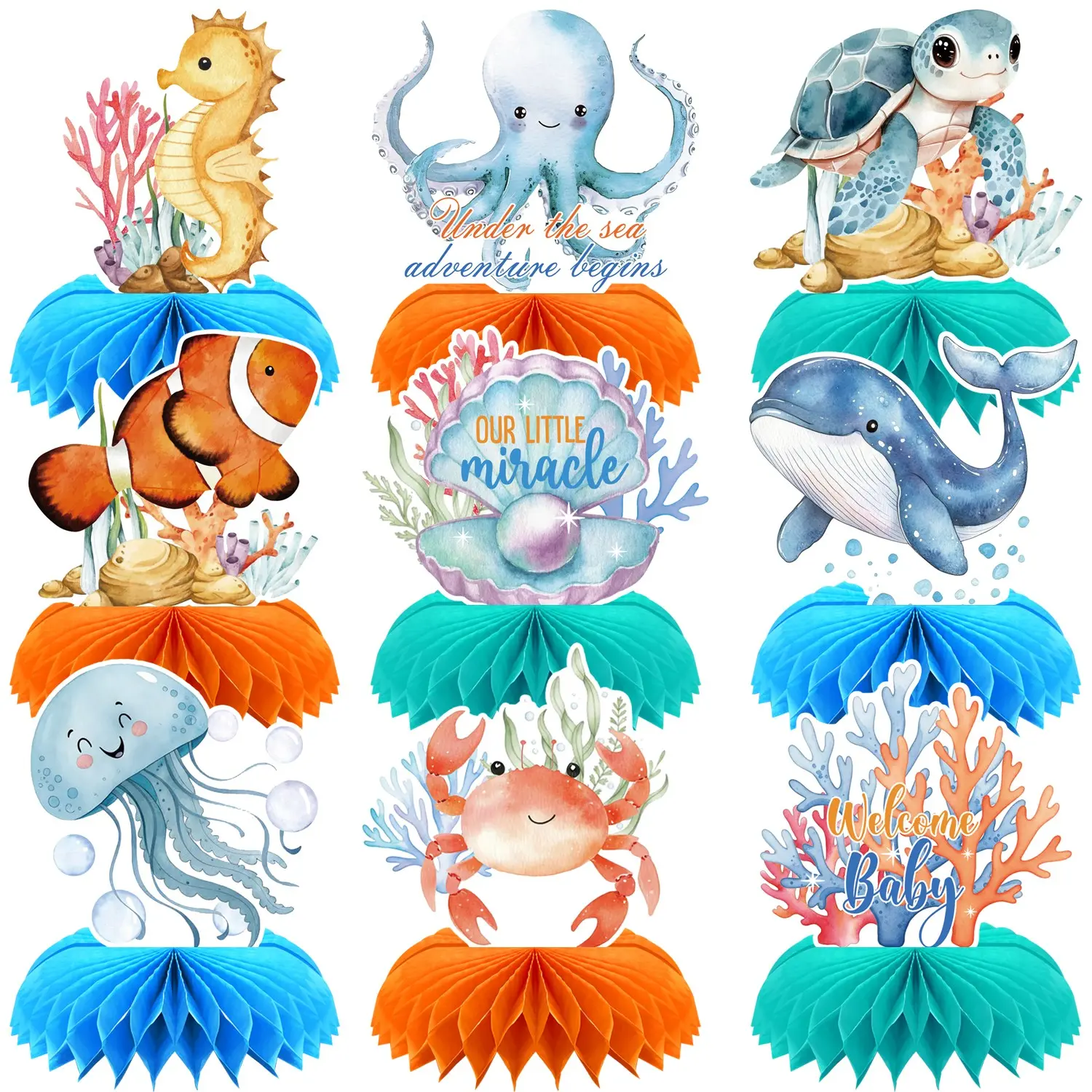 9Pcs Set Ocean Sea Animal Honeycomb Centerpieces Decoration,Tropical Fish Under The Sea Birthday Party Decor Table Centerpieces for Baby Shower Ocean Themed Beach Photo Props Party Decor Supplies