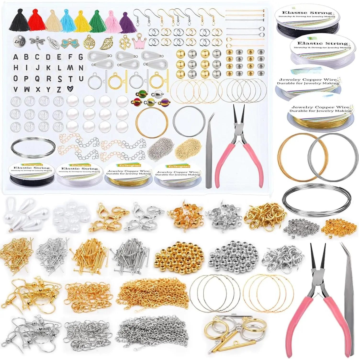 EuTengHgo  Findings Kit with  Tools &   Making Supplies - Beads, Tassels, Charms, Wire, Cords for DIY Bracelets, Necklaces, Earrings Repair & Creative Craft Projects