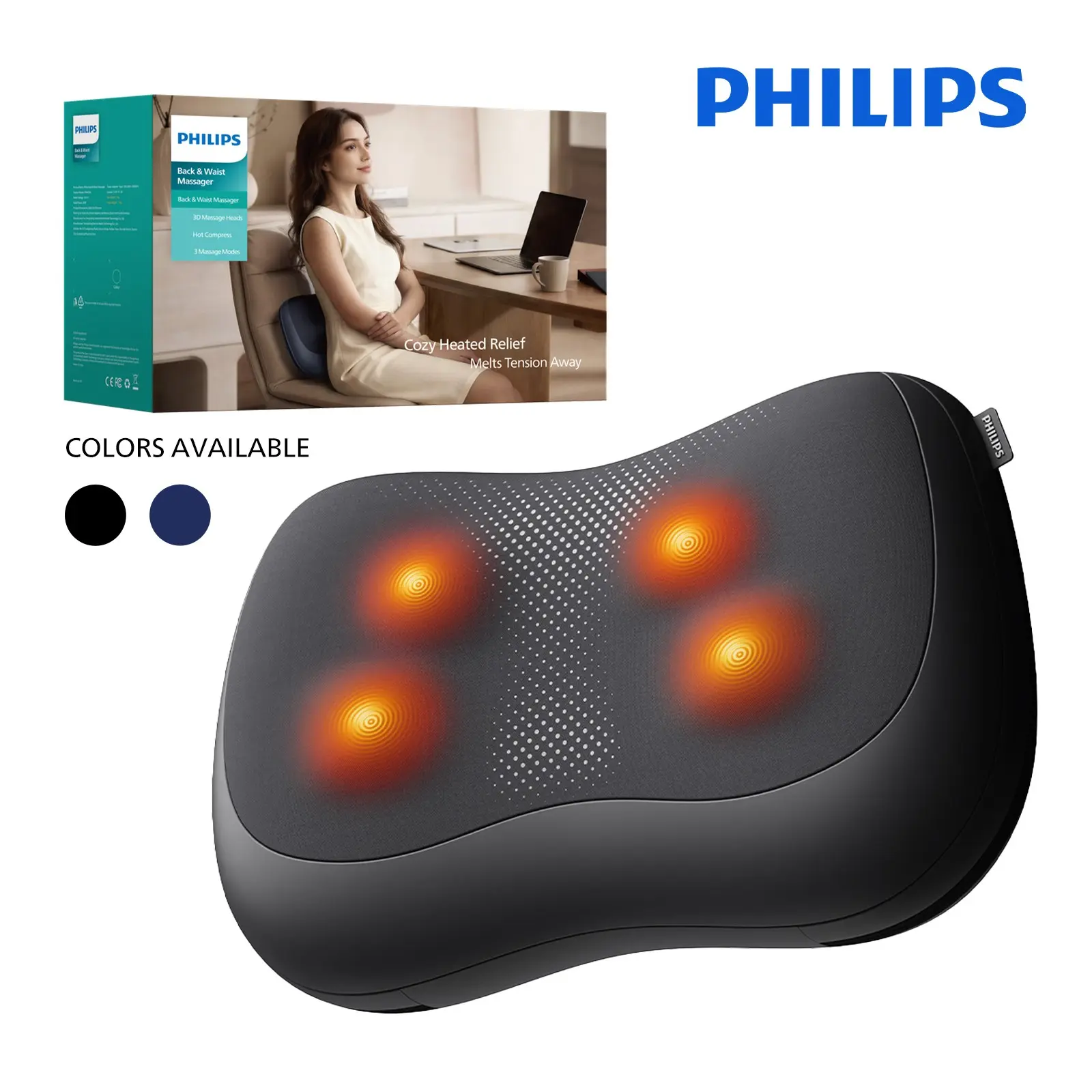 PHILIPS Neck and Back Massager with Heat, 3D Shiatsu Kneading Massage Pillow, 4 Massage Nodes, Bi-Directional Deep Tissue Massage for Neck, Shoulder & Back, Perfect Gift for Family, Portable for Daily Use at Home & Office