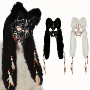Furry Wolf Mask Viking Fur Fox Mask Wendigo Headdress Halloween Werewolf Costume Barbarian Medieval Cosplay Warrior Renaissance