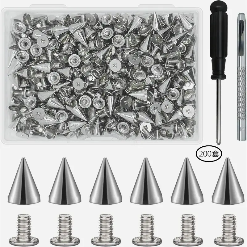 Screw Back Punk Conical Bullet Spikes 79.5mm, 200 Sets Metal Cone Stud Rivets With Screwdriver Tool, DIY Leather Craft Decor Hardware For Jackets Belts Shoes Bags