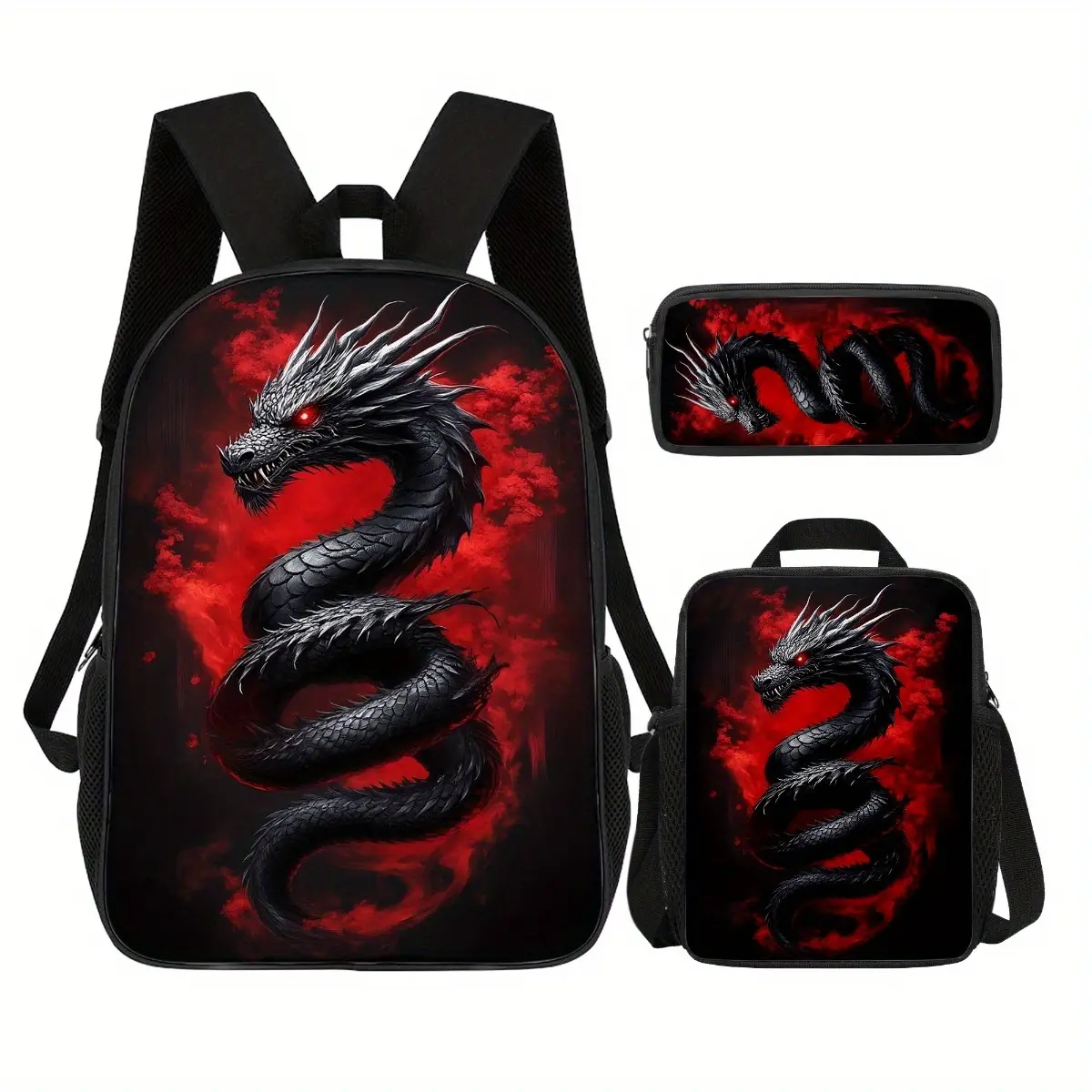 Black Dragon 3 Piece Backpack Set for Teens and Kids, Red Fantasy Dragon School Bookbag with Matching Lunch Bag and Pencil Case, Gothic Fire Travel Daypack, Back to School Gift, Dark Fantasy Gift