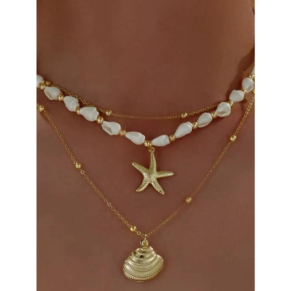 Women's 14k Gold Layered Dainty Choker Necklace, Summer Beach Style Seashell-Starfish Conch & Pearl Statement Jewelry