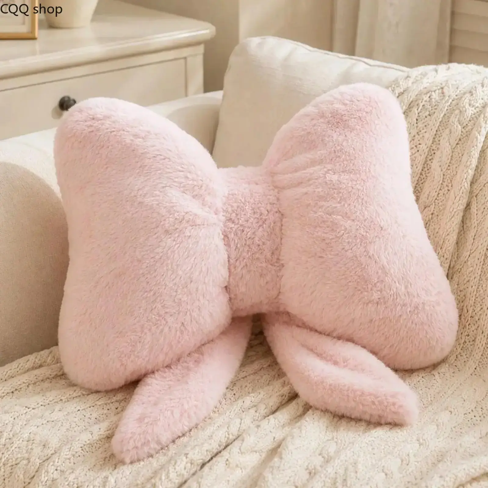 Pink Bow Throw Pillow Coquette Aesthetic Faux Fur Fluffy Cushion Cute 3D Ribbon Plush Decorative Lumbar Pillows Valentine Birthday Gift for Girls