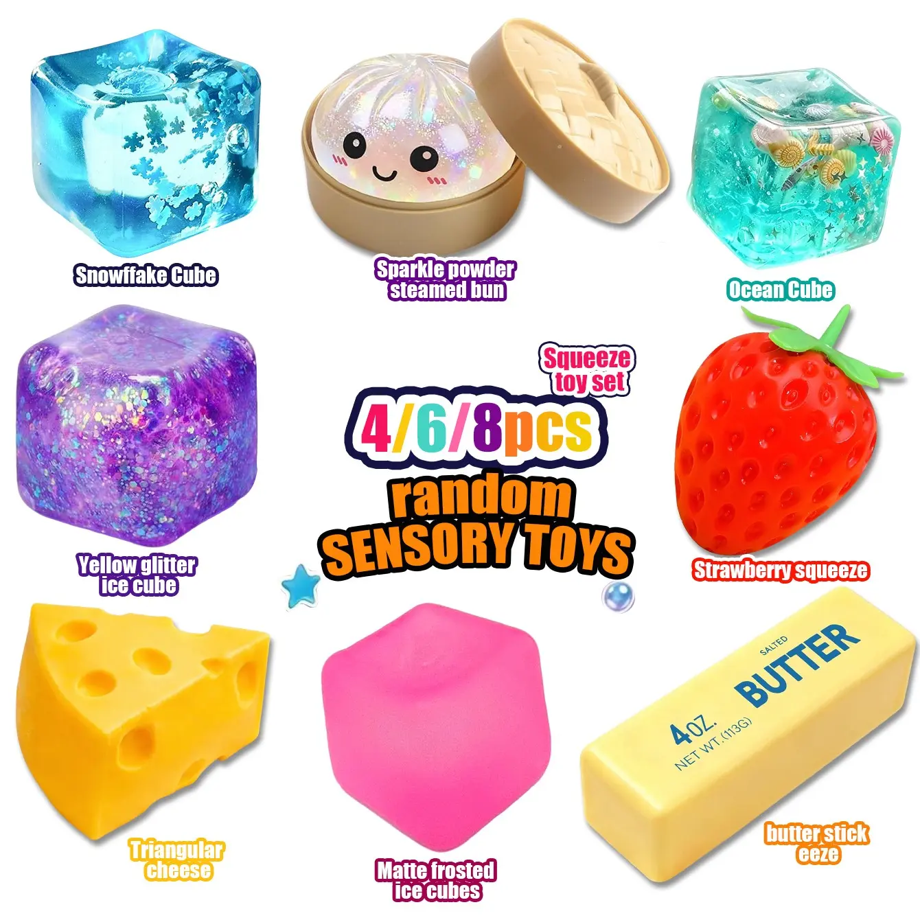 4/6/8 Piece Malt Sugar Stress Relief Fun Toy Set, Squishy Toys, Squishies Cheese, Sensory Combo Pack, Ice Cube, Cheese, Strawberry, Baozi, Kids Party Gift