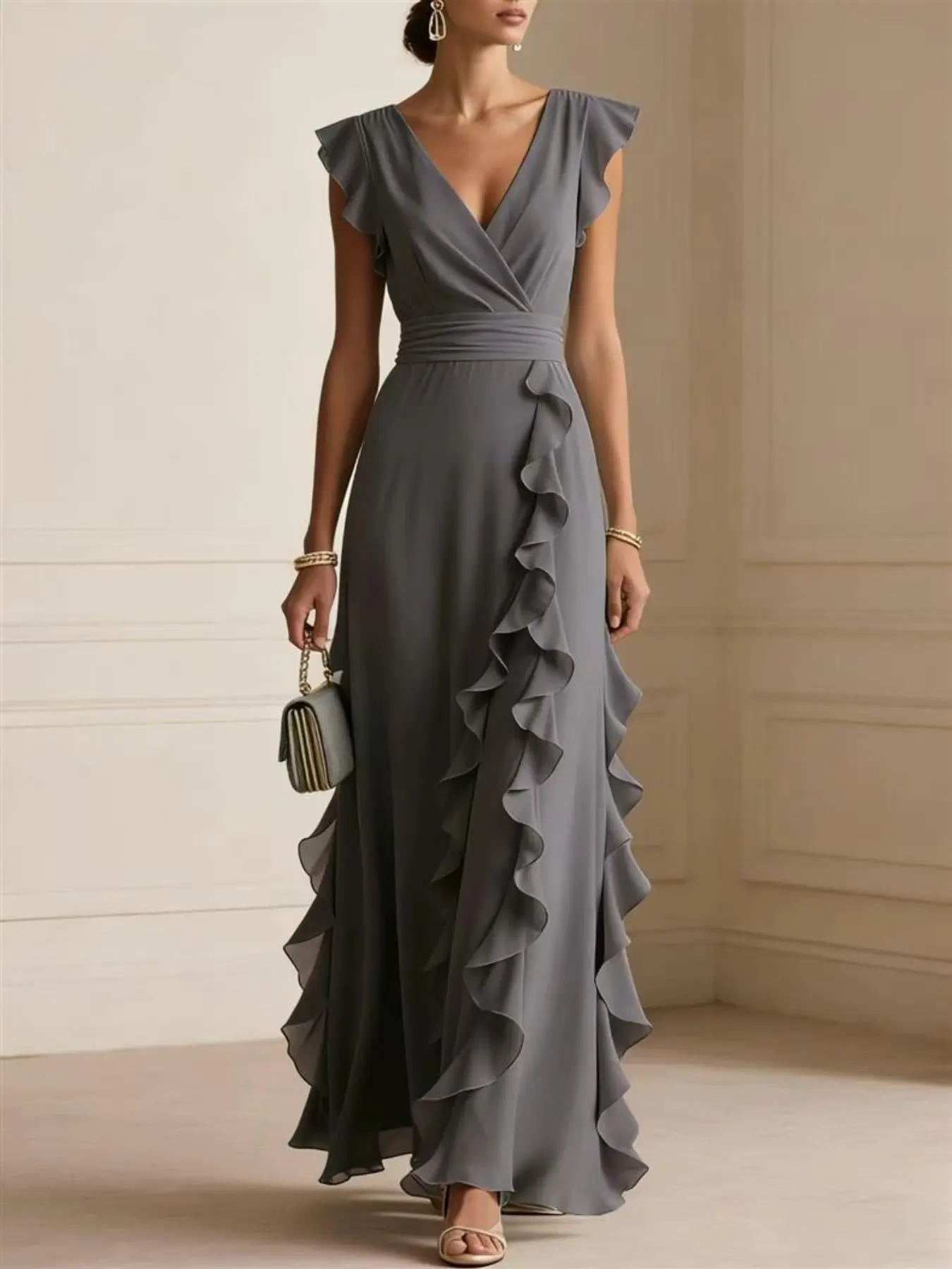 [highland exclusive]Women's Elegant Maxi Dress, V Neck Ruffle Dress, Flutter Sleeve Wrap, Formal Long Dress, Wedding Guest Evening Party Gown, Elegance