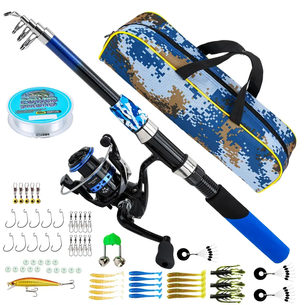 Camouflage Blue Telescopic Fishing Rod and Reel Set, Fishing Combo, Freshwater Fishing Gear Kit with Storage Bag, Beginner-Friendly Gift for Anglers, Fishing Supplies