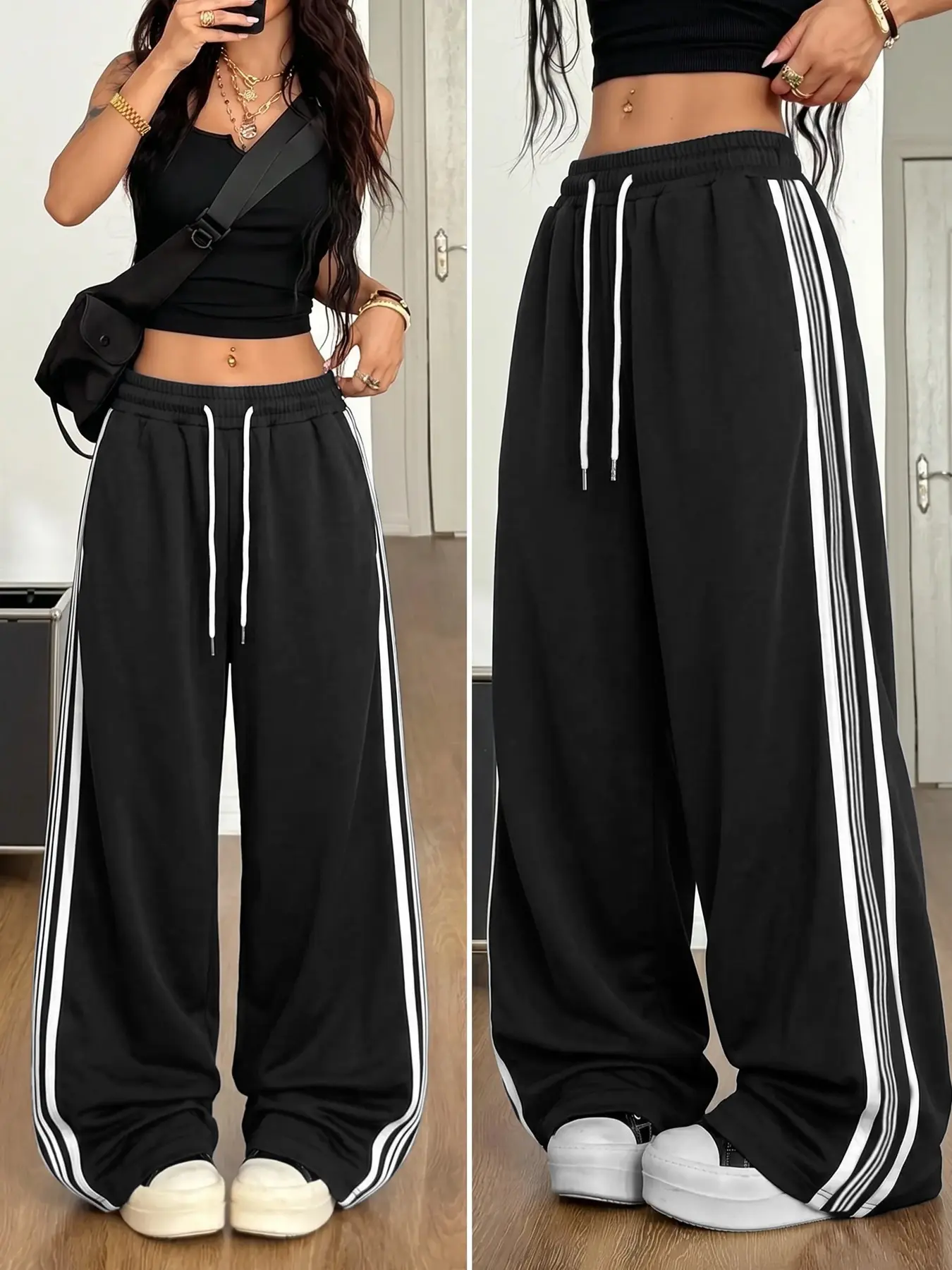 Y2K Striped Wide Leg Sweatpants, Drawstring High Waist Loose Fit, Comfortable Street Style, Casual Comfy Sporty Daily Wear, Coffee Commute, Urban Fashion