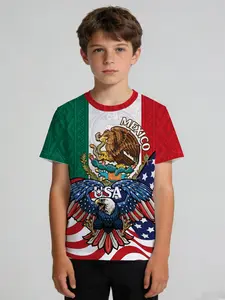 Boys' Sports T-Shirt, Mexico USA Double Eagle Flag Spliced, Dual Country Illustration Crew Neck Short Sleeve, Soft Sweat-Wicking No Deformation, for PE Training Soccer Outdoor Party, Machine Washable Kids Gift