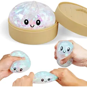 Glitter Dumpling Squishy, Squishy Dumpling Toy with Steamer Box, Taba Squishies Stress Relief Ball, Fidget Sensory Squeeze Toy Gifts Party Favors Stuffers for Adults Kids