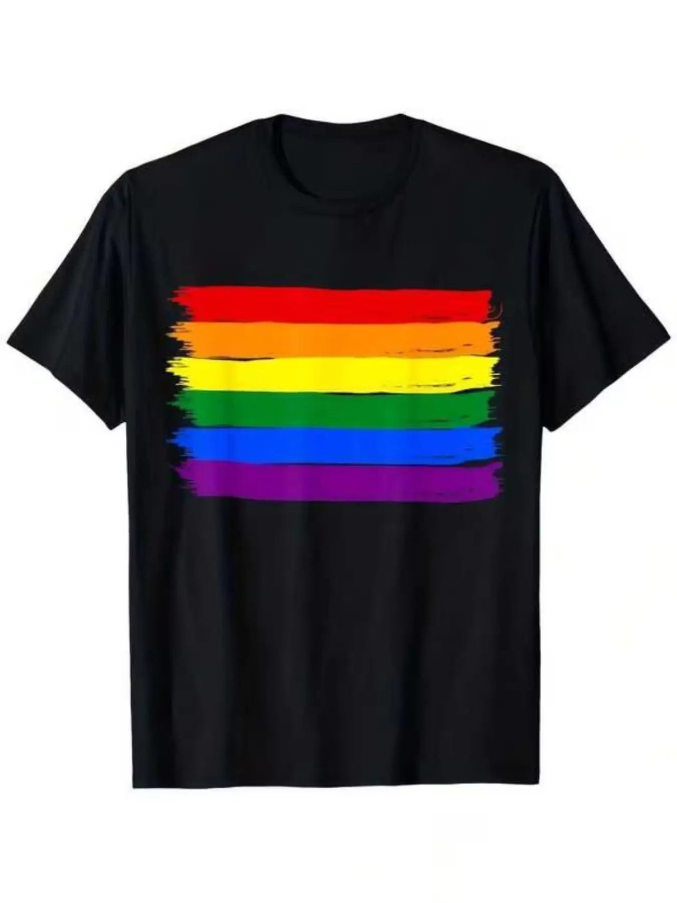Unisex Rainbow Stripe Print Short Sleeve T-Shirt, Vintage Hand-Drawn Color Block Design, Casual Round Neck Tee, Men's & Women's Top