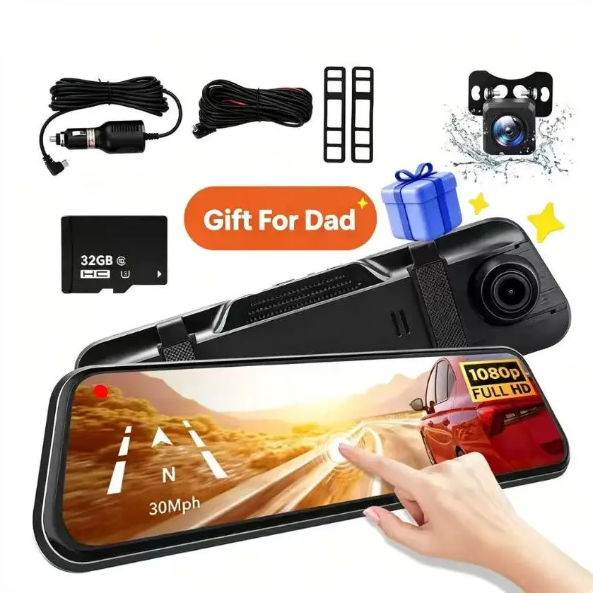 10-Inch Rearview Mirror Dash Cam, 1080P Full HD Front and Back Cameras, Touchscreen, Night Vision, 170° Wide Angle