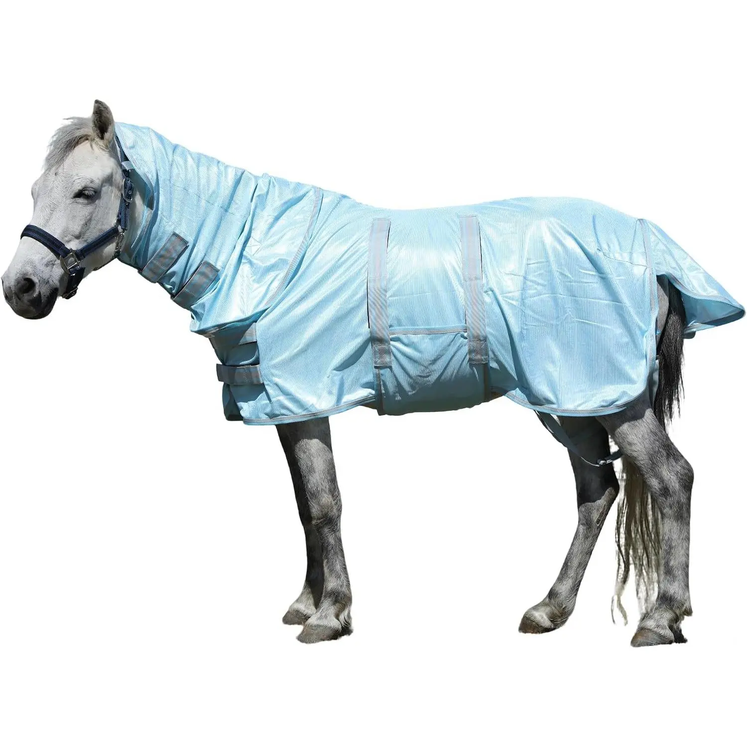 Fly Sheet for Mini Horse/Pony/Foal & Weanling/Yearling/Donkey - Detachable Neck Cover & Belly Wrap, Lightweight Airflow Mesh Summer Sheet for Pasture & Stable, UV Protection Cyanblue 60"