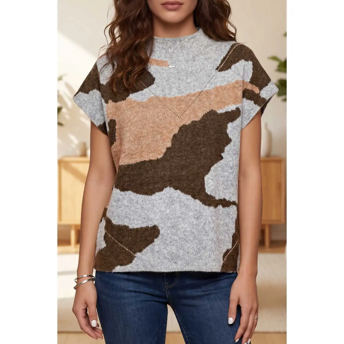 Women Abstract Camo Color Block Knit Sweater, Mock Neck Cap Short Sleeve Drop Shoulder Loose Fit Pullover Knit Top, Earth Tone Camouflage Casual Vest Sweater