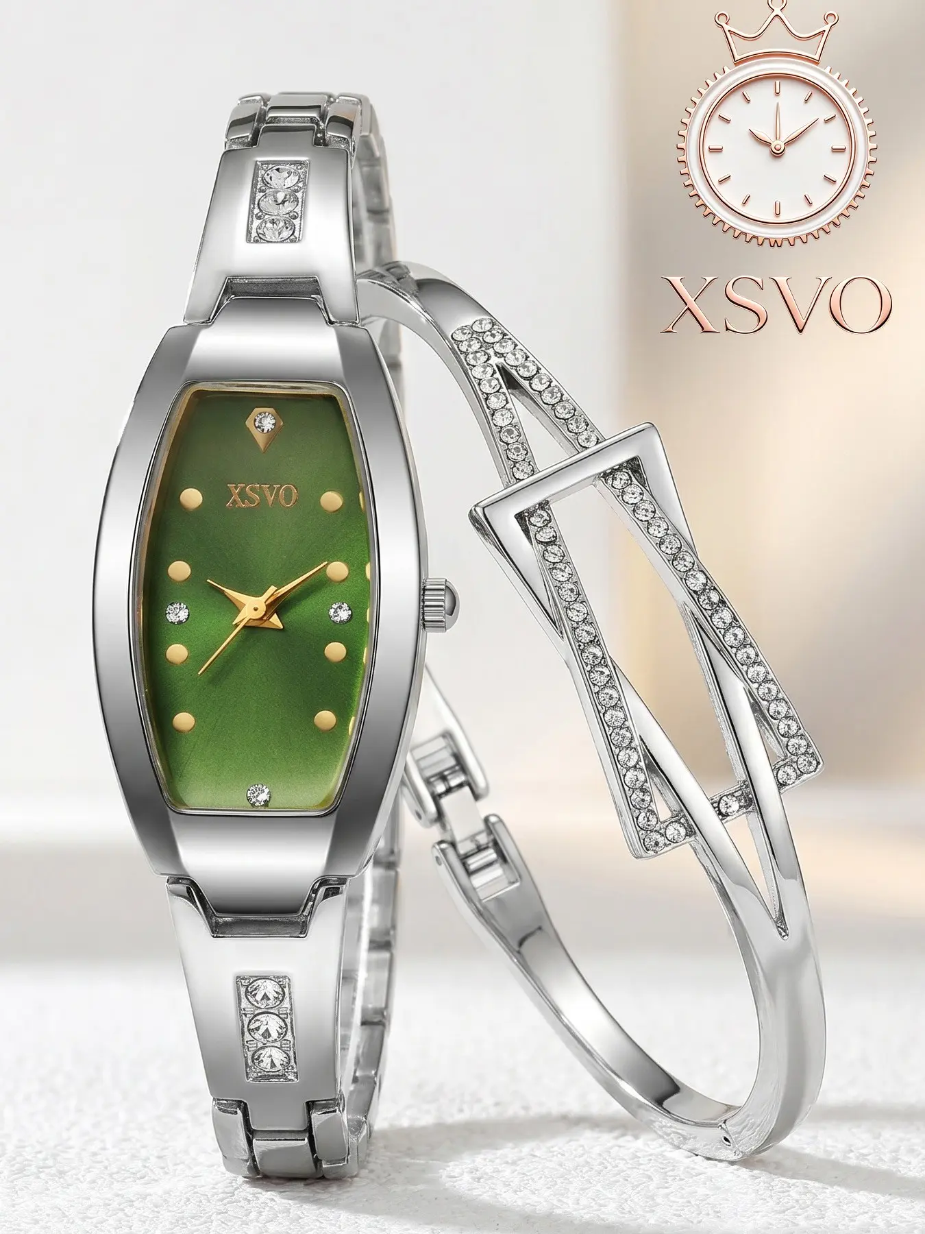 Xsvo 2-Piece Set Olive Quartz Watch with Steel Strap, Rhombus Full-Diamond Bracelet, Elegant Ladies' Analog Watch for All Seasons Fashionable Watches