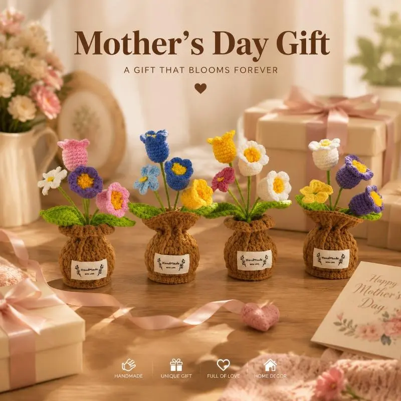 Positive Emotional Support Crochet Tulip Thank You Gifts for Women Handmade Crochet Flower Potted Plant Ornament Knitted Artificial Flower Vase Decor Tulip Sunflower Lily of The Valley Forget-Me-Not Fake Flower Desk Tabletop Decorations Single Pack